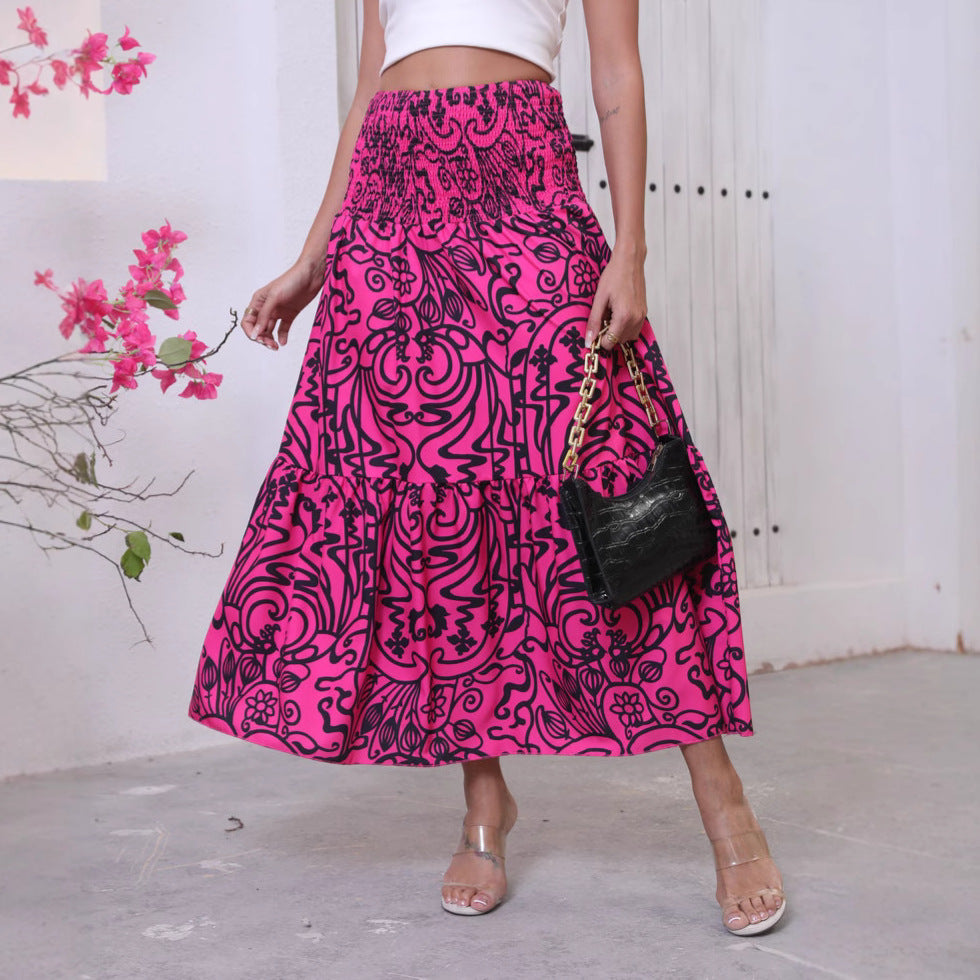 Women's maxi skirt with voluminous, cheerful patterns and elastic waistband NOVAE