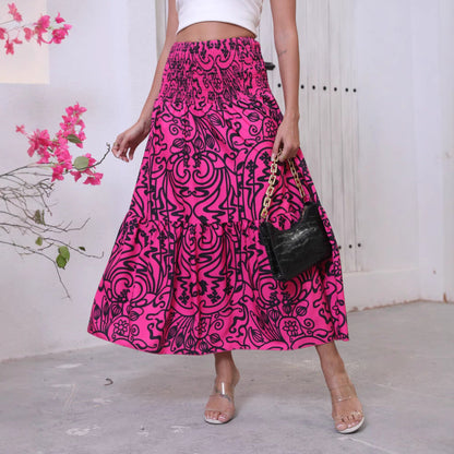 Women's maxi skirt with voluminous, cheerful patterns and elastic waistband NOVAE