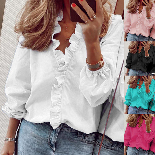 Women's blouse with ruffle details and elegant stand-up collar NOVAE