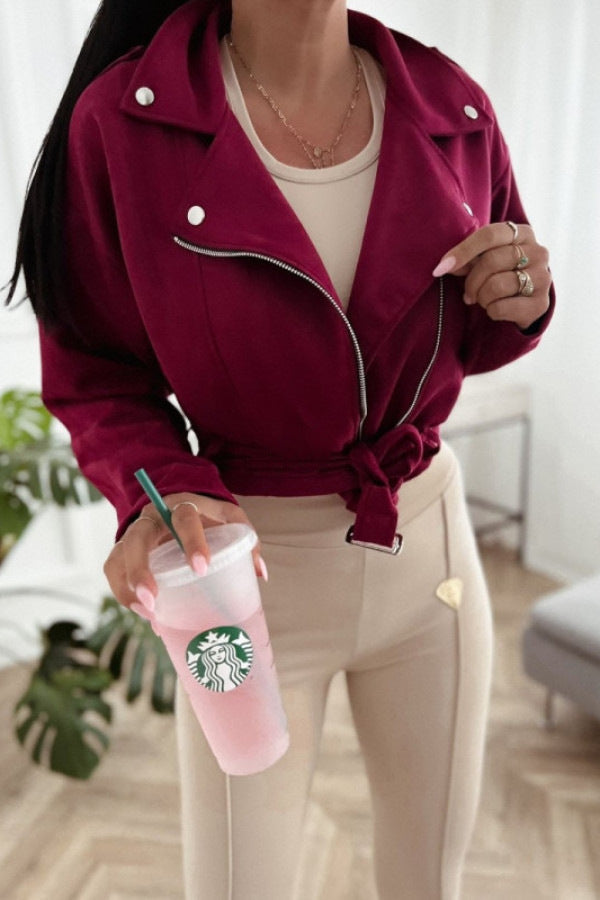 Women's biker jacket made of high-quality imitation suede with a tailored cut and side zippers NOVAE