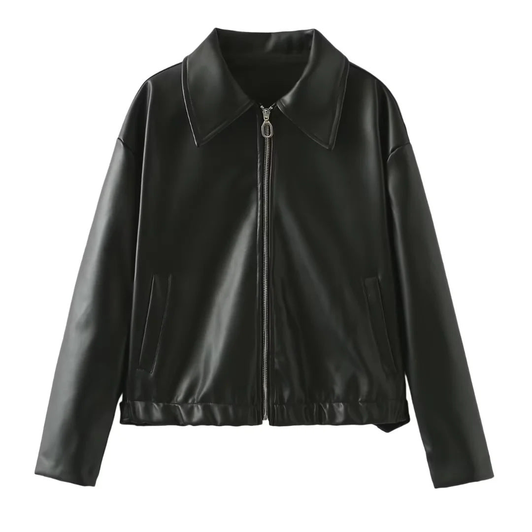 Women's elegant faux leather jacket in a modern design with a practical zipper NOVAE
