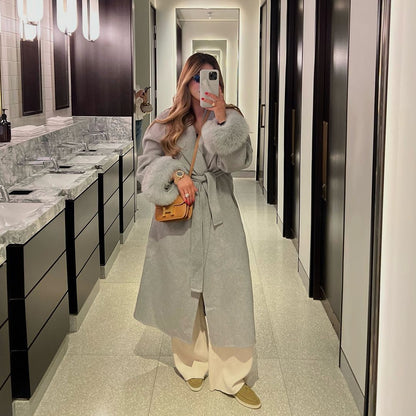 Women's Elegant Long Jacket with Detachable Fox Sleeves NOVAE