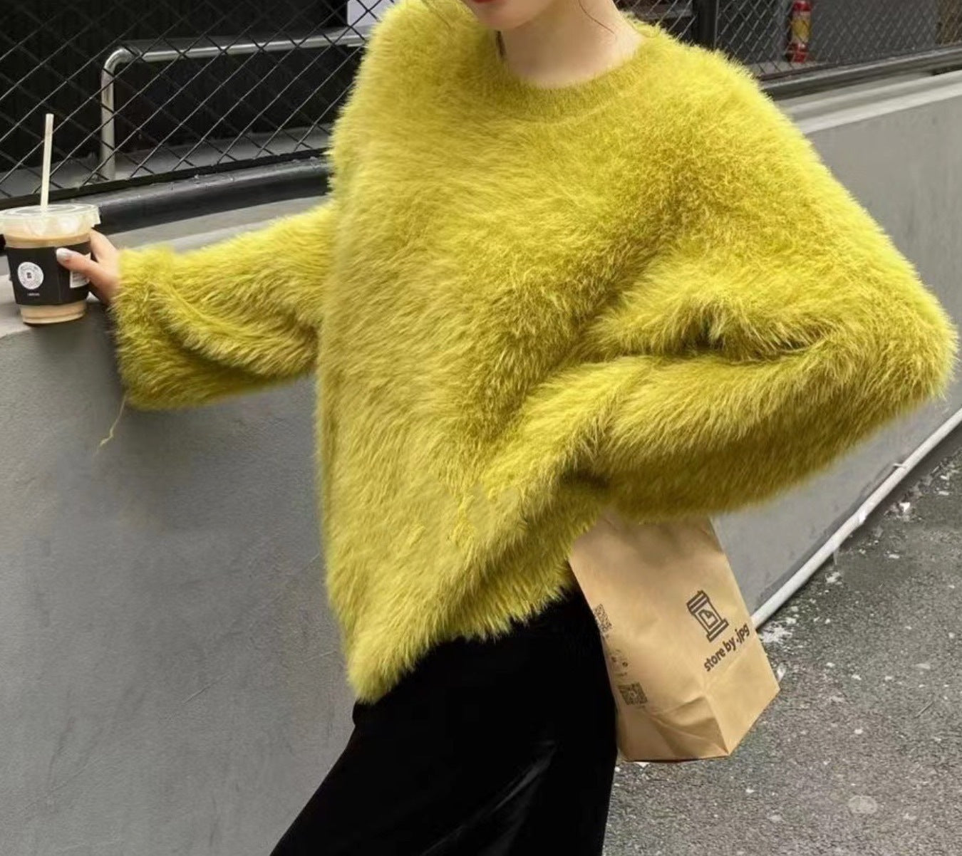 Women's fluffy sweater with a relaxed fit and high round neckline NOVAE