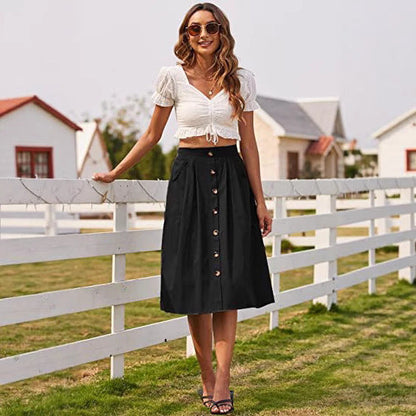 Women's midi skirt with button placket and practical pockets NOVAE