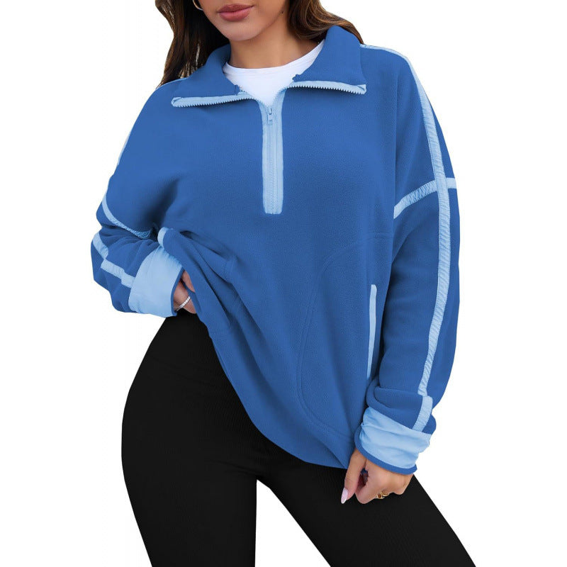 Women's fleece pullover with half zipper and contrasting sleeves NOVAE