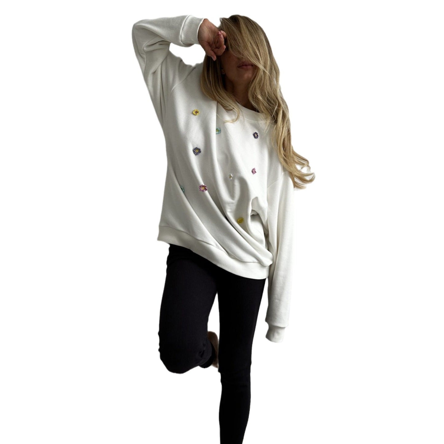 Women's comfortable sweatshirt with colorful floral appliqués NOVAE