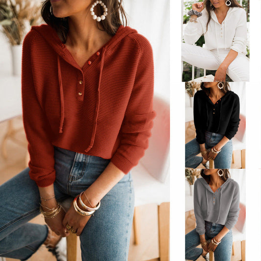 Women's hooded sweatshirt with textured fabric and fashionable button details NOVAE