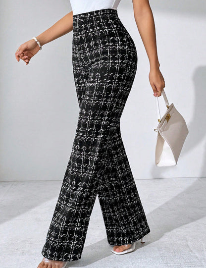 Women's High-Waisted Palazzo Trousers with Textured Check Pattern NOVAE