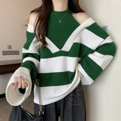 Women's V-neck oversized sweater with fashionable striped pattern and open shoulder design NOVAE