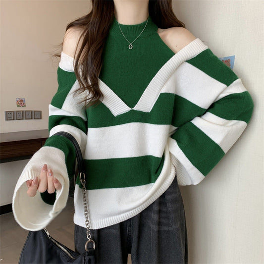 Women's V-neck oversized sweater with fashionable striped pattern and open shoulder design NOVAE