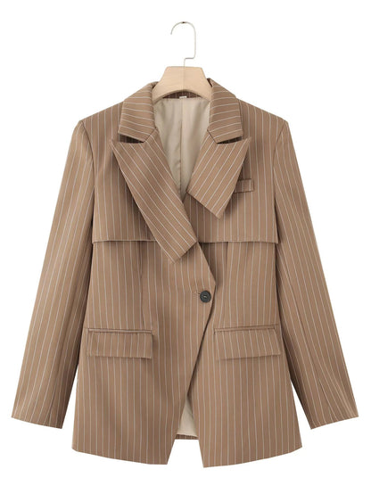 Women's fashionable blazer jacket with asymmetrical collar and elegant pinstripes NOVAE