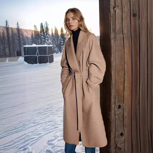 Women's stylish coat with wide collar and waist belt NOVAE