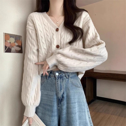 Women's cozy knit cardigan with V-neck and large buttons NOVAE