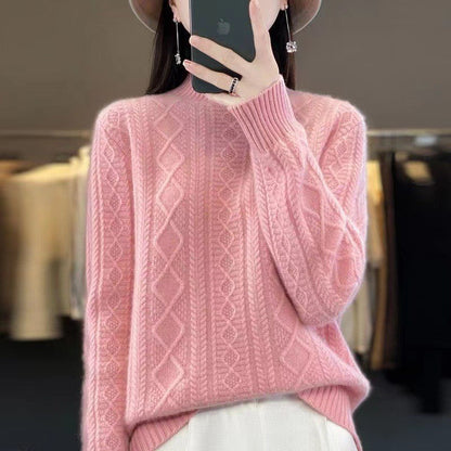 Women's High-Quality Knit Sweater with Stand-Up Collar and Cable Knit Design NOVAE