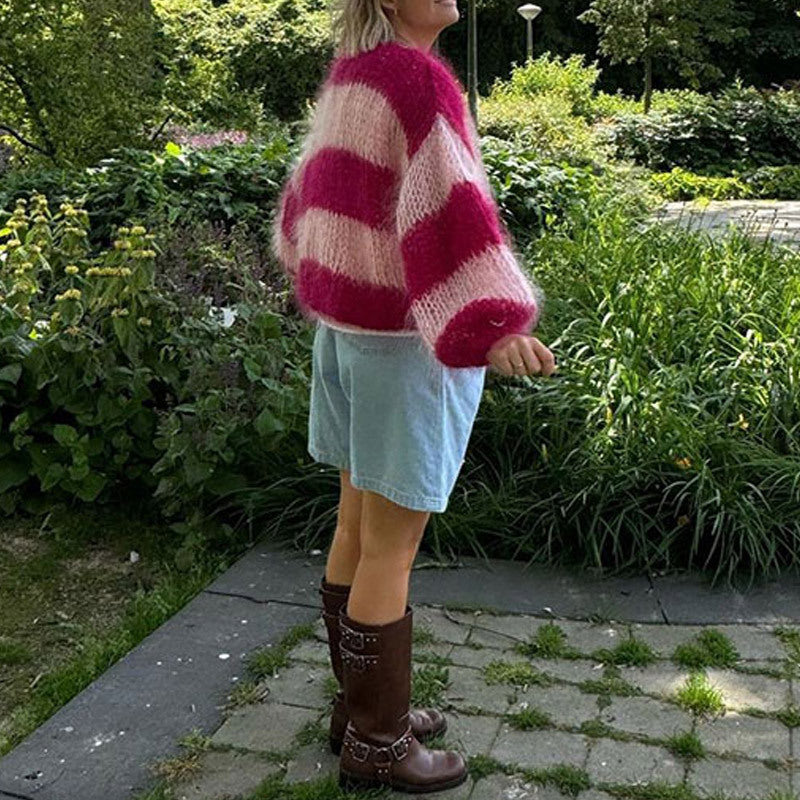 Women's oversized knit sweater with colorful block stripes NOVAE