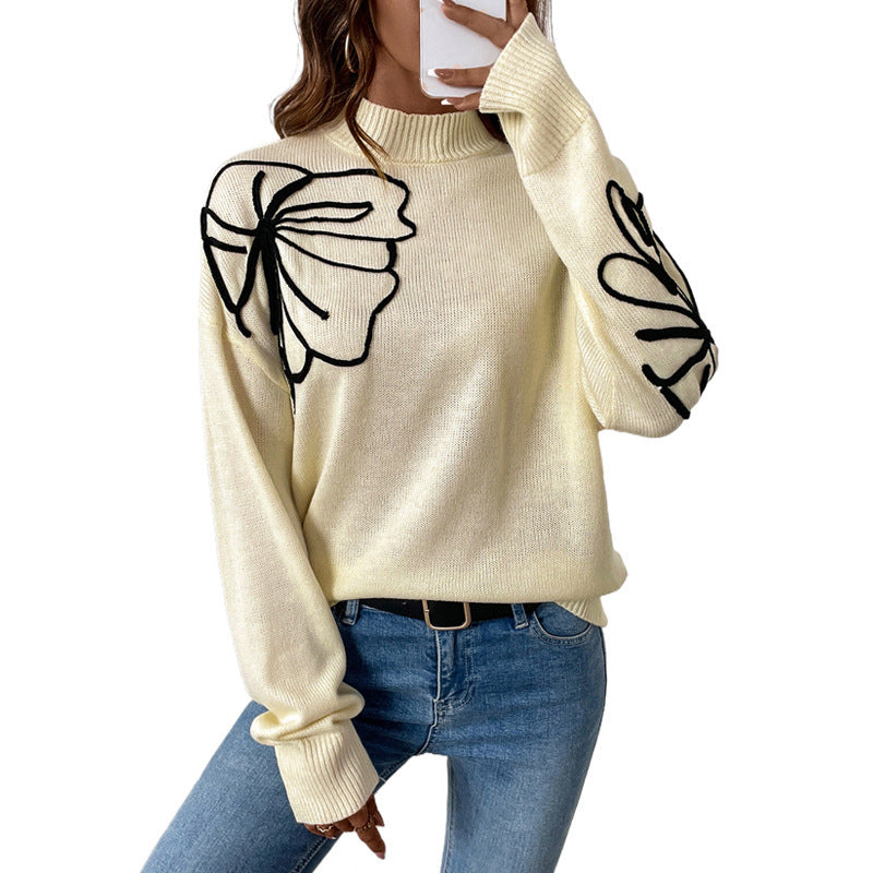 Women's knitted sweater with floral design and high collar NOVAE
