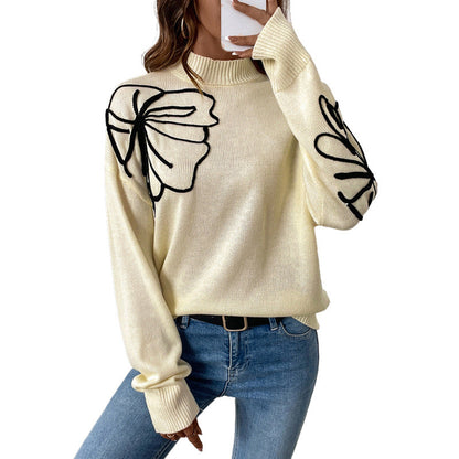 Women's knitted sweater with floral design and high collar NOVAE