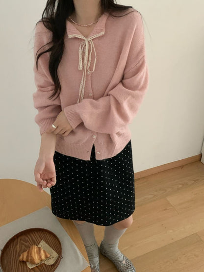 Women's casual knit cardigan with drawstring and fine texture NOVAE