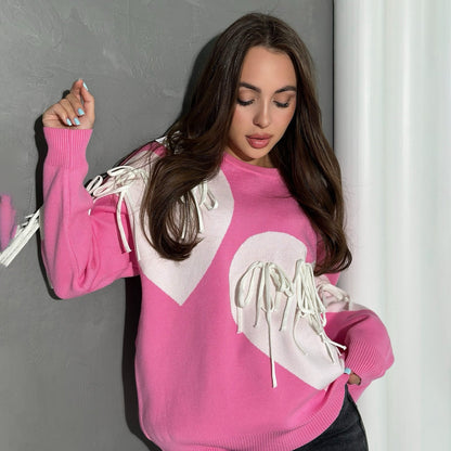 Women's fashionable sweater with a cheerful heart design and creative fringe NOVAE