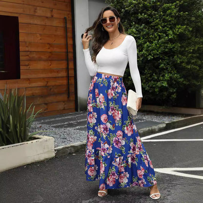 Women's maxi skirt with cheerful floral pattern and voluminous tiered hem NOVAE