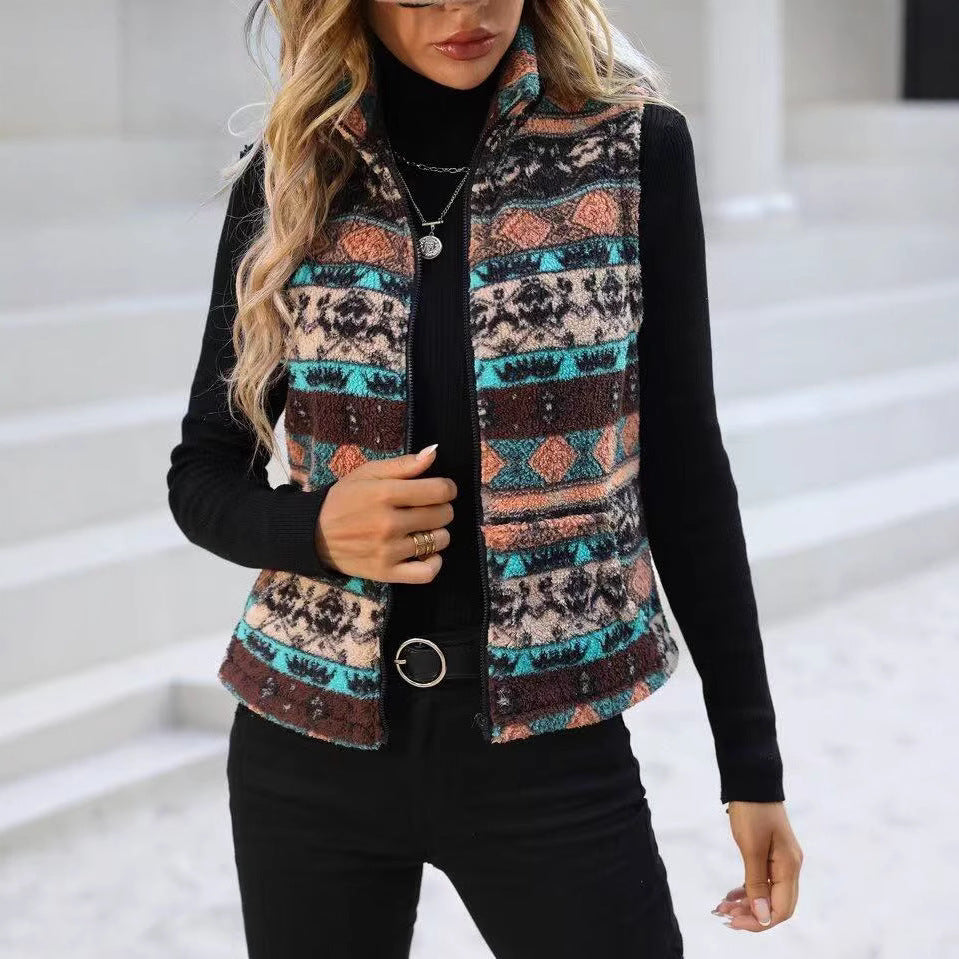 Women's plush vest with contemporary ethnic pattern and full-length zipper NOVAE