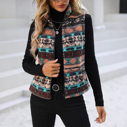 Women's plush vest with contemporary ethnic pattern and full-length zipper NOVAE