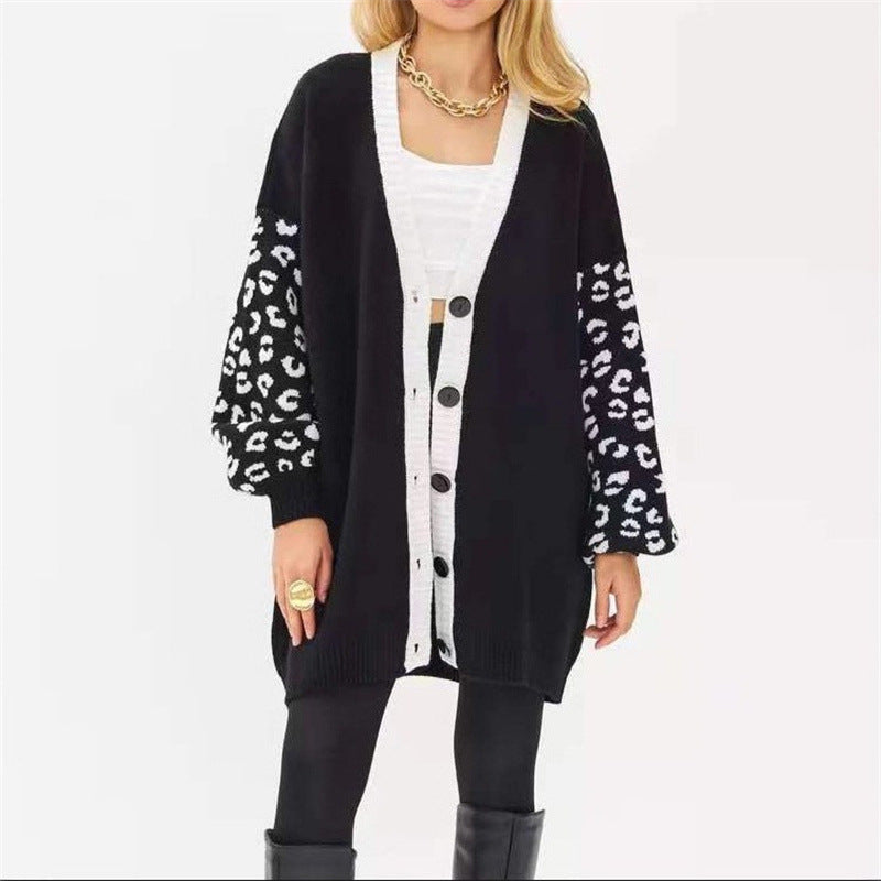 Women's chunky knit cardigan with leopard print and button detailing NOVAE