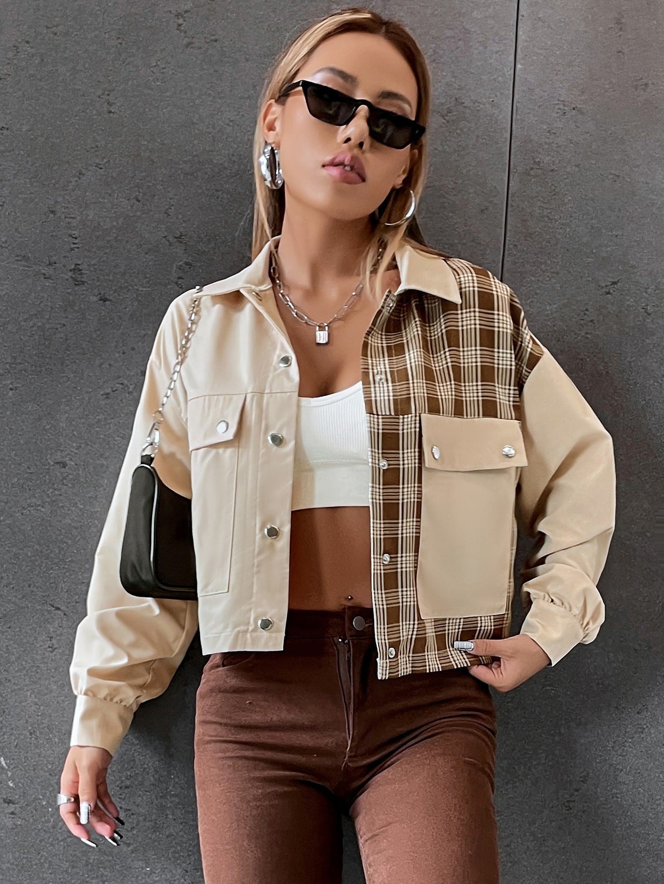 Women's crop utility jacket with checked sleeves and classic snap buttons NOVAE