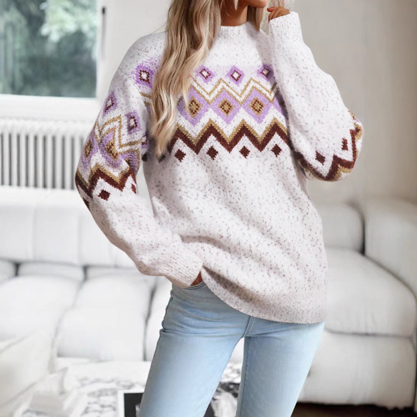 Women's knitted sweater with geometric pattern and relaxed fit NOVAE