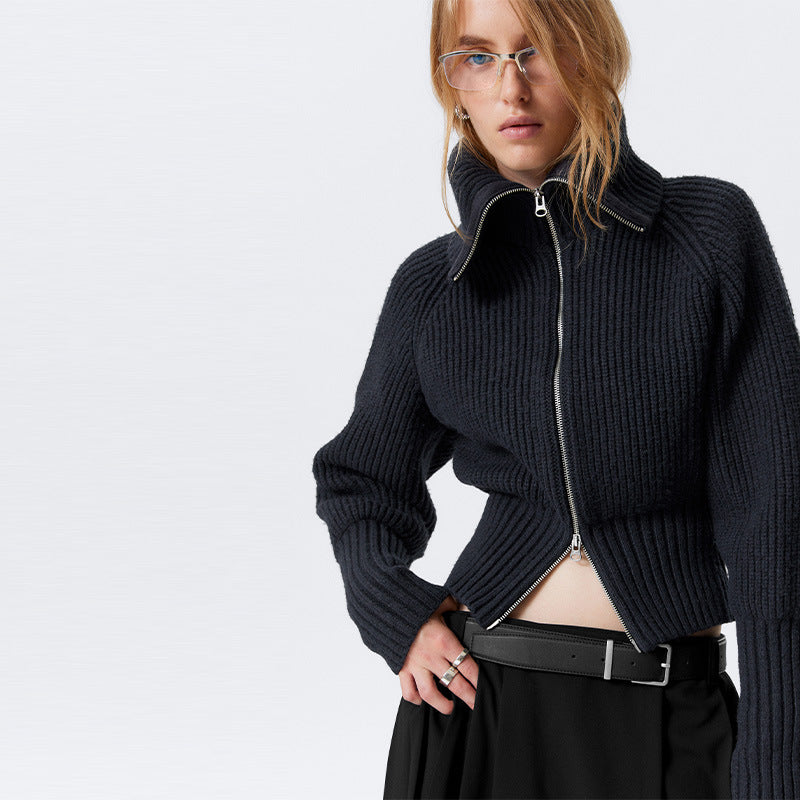 Women's cardigan with high collar and fashionable zipper NOVAE