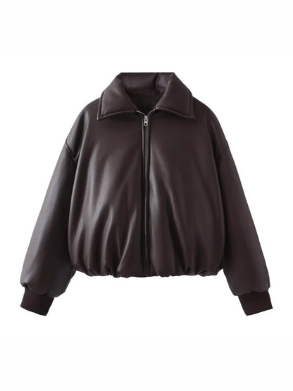 Women's casual faux leather jacket with a voluminous cut and practical pockets NOVAE