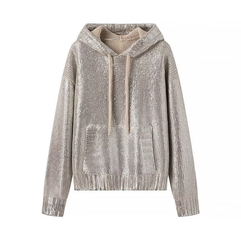 Women's fashionable glitter hoodie with kangaroo pocket and elastic waistband NOVAE