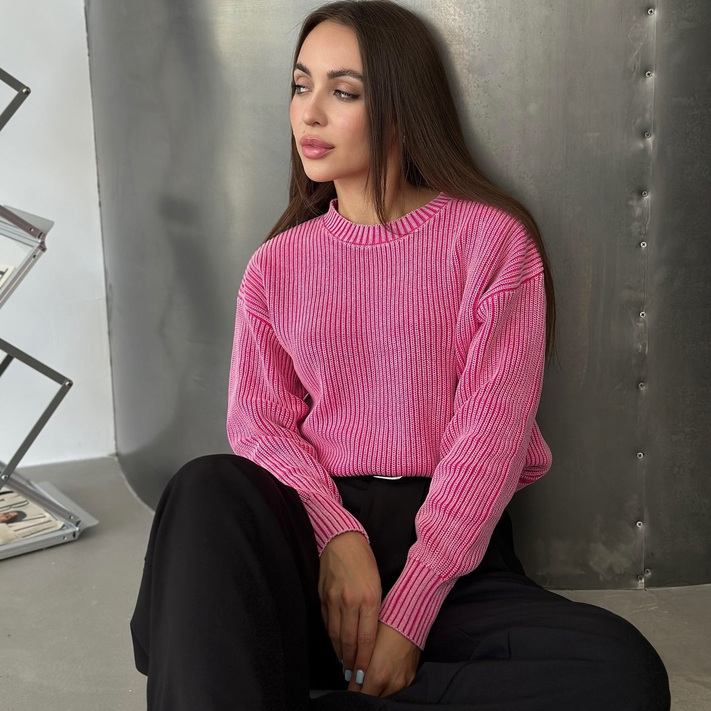 Women's chunky knit sweater with fashionable rib pattern NOVAE