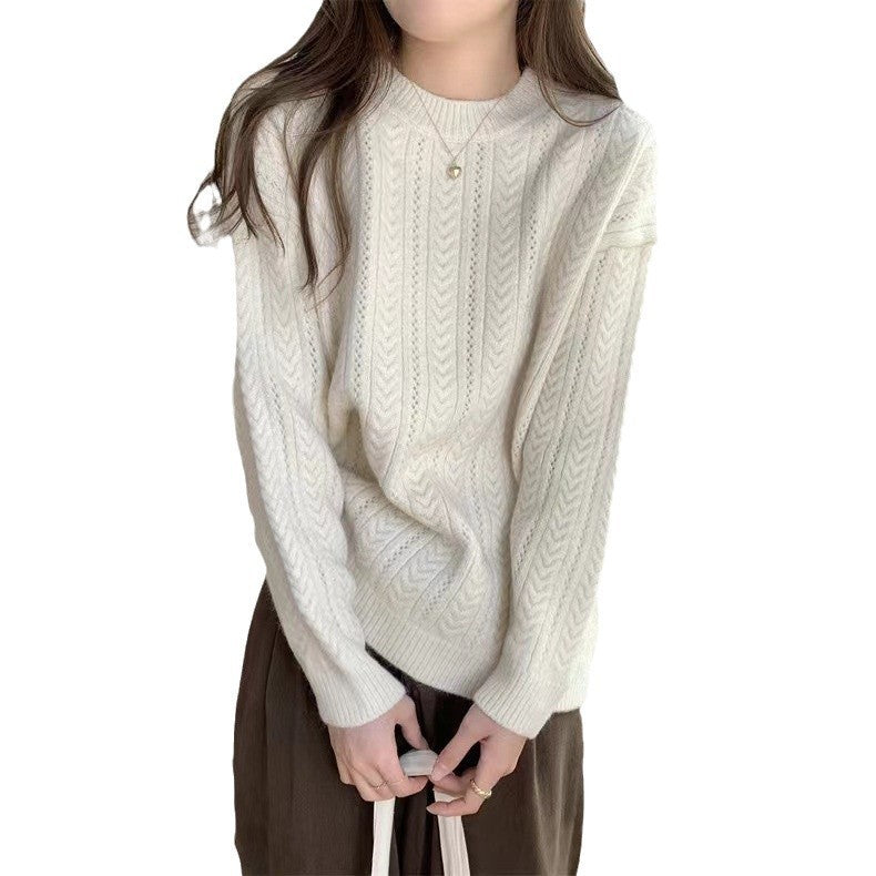 Women's chunky knit sweater with modern cable pattern and high round neckline NOVAE
