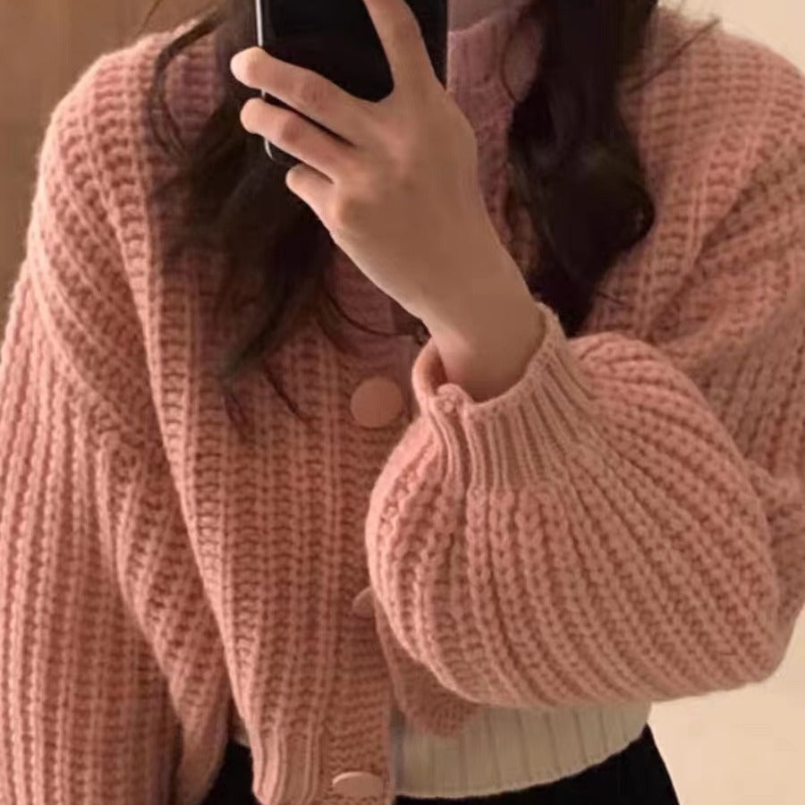 Women's chunky knit cardigan with voluminous sleeves and large buttons NOVAE