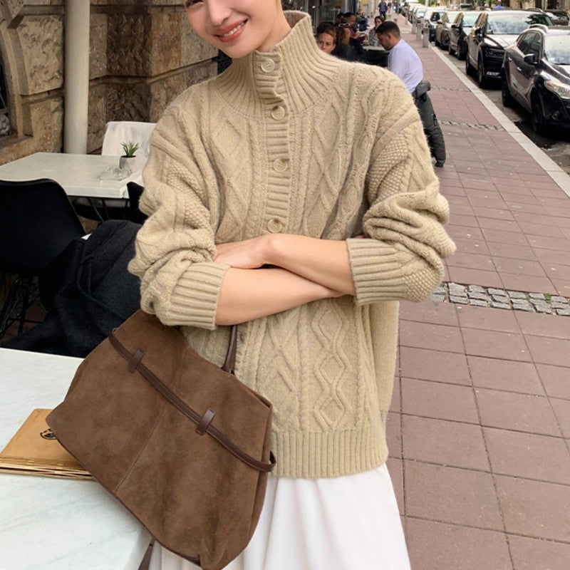 Women's cardigan with high collar and textured surface NOVAE