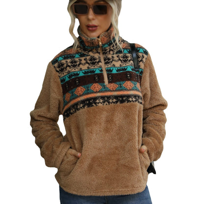 Women's fleece pullover with decorative zipper and modern pattern NOVAE