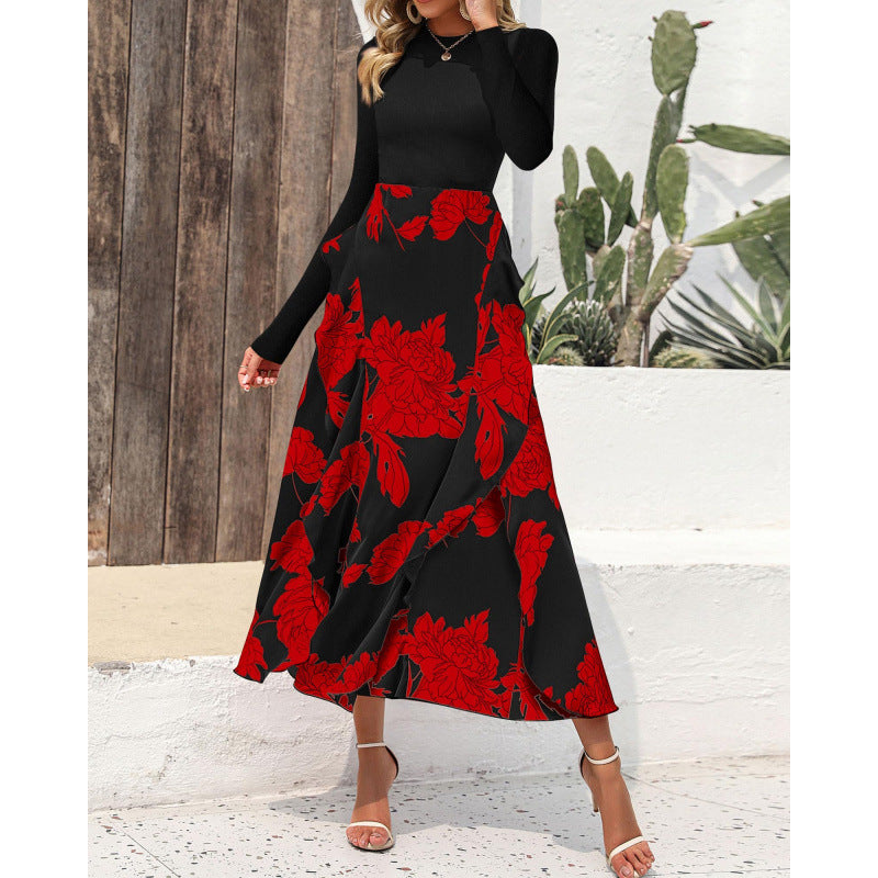 Women's Elegant Maxi Dress with Floral Ruffle and Long Sleeves NOVAE
