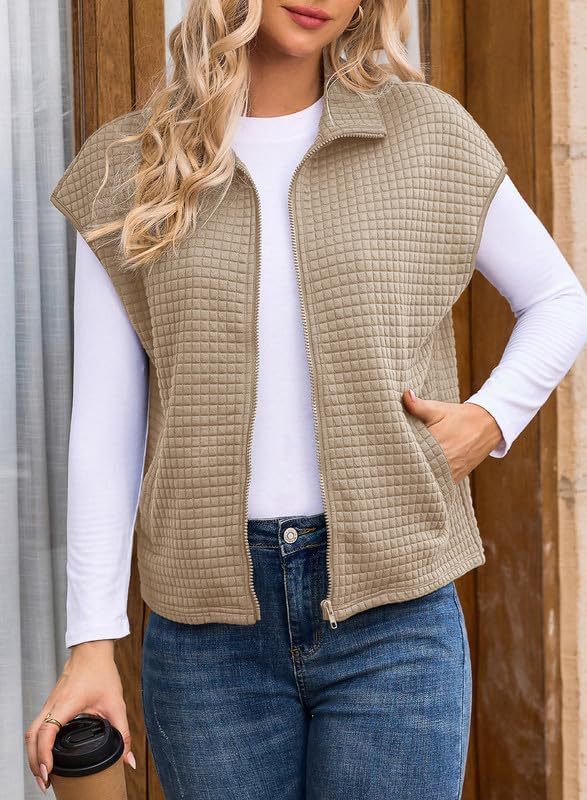 Women's Lightweight Waffle Knit Vest with Pockets and Stand-Up Collar NOVAE