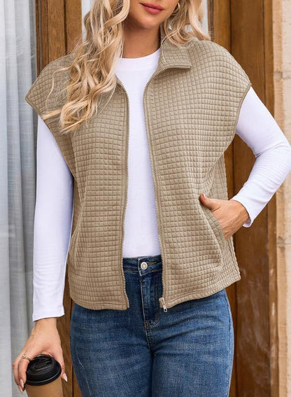 Women's Lightweight Waffle Knit Vest with Pockets and Stand-Up Collar NOVAE