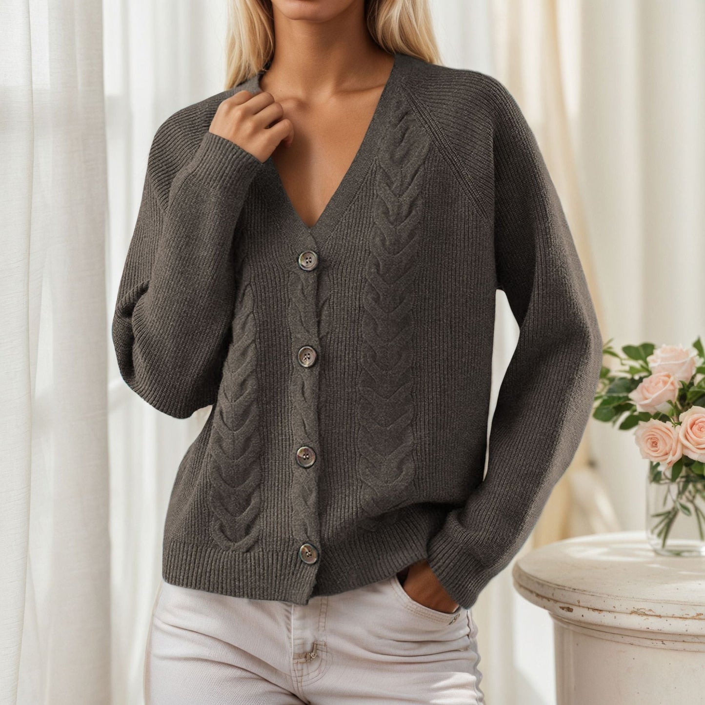 Women's cardigan with V-neck and trendy cable knit pattern NOVAE