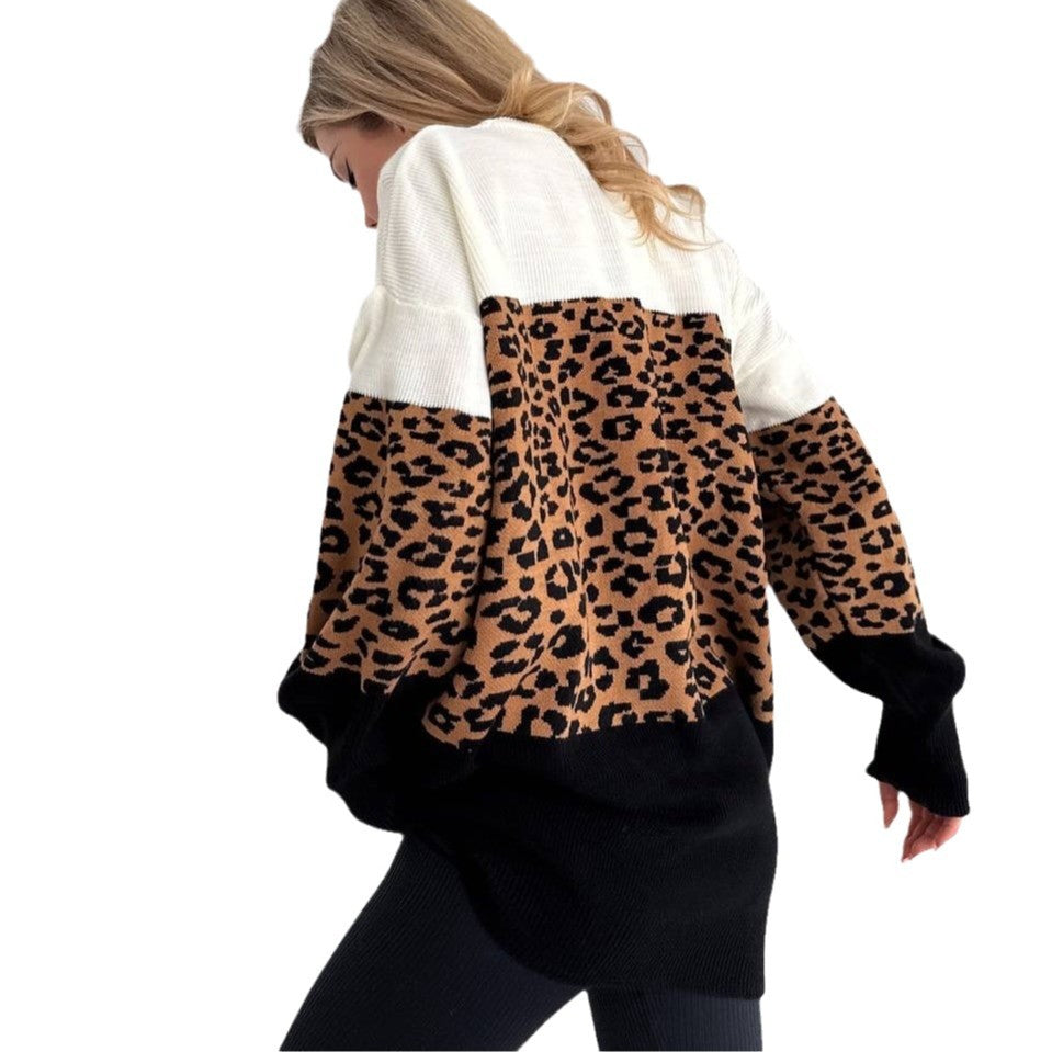 Women's fashionable oversized sweater with animal print and creative color block details NOVAE