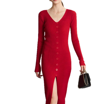 Women's Long-Sleeved Maxi Dress with Ribbed Texture and Button Detail NOVAE