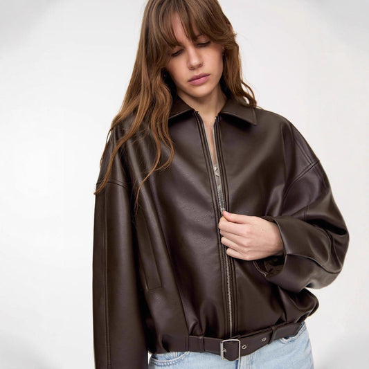 Women's casual faux leather jacket with wide collar and belt NOVAE