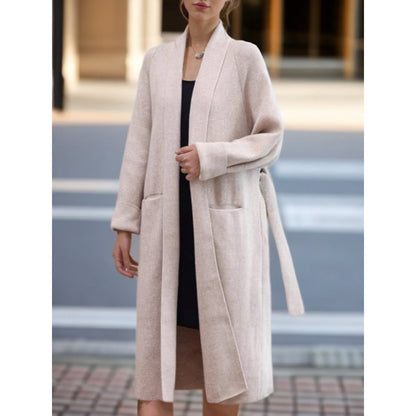 Women's long knitted coat with open cut and practical pockets NOVAE