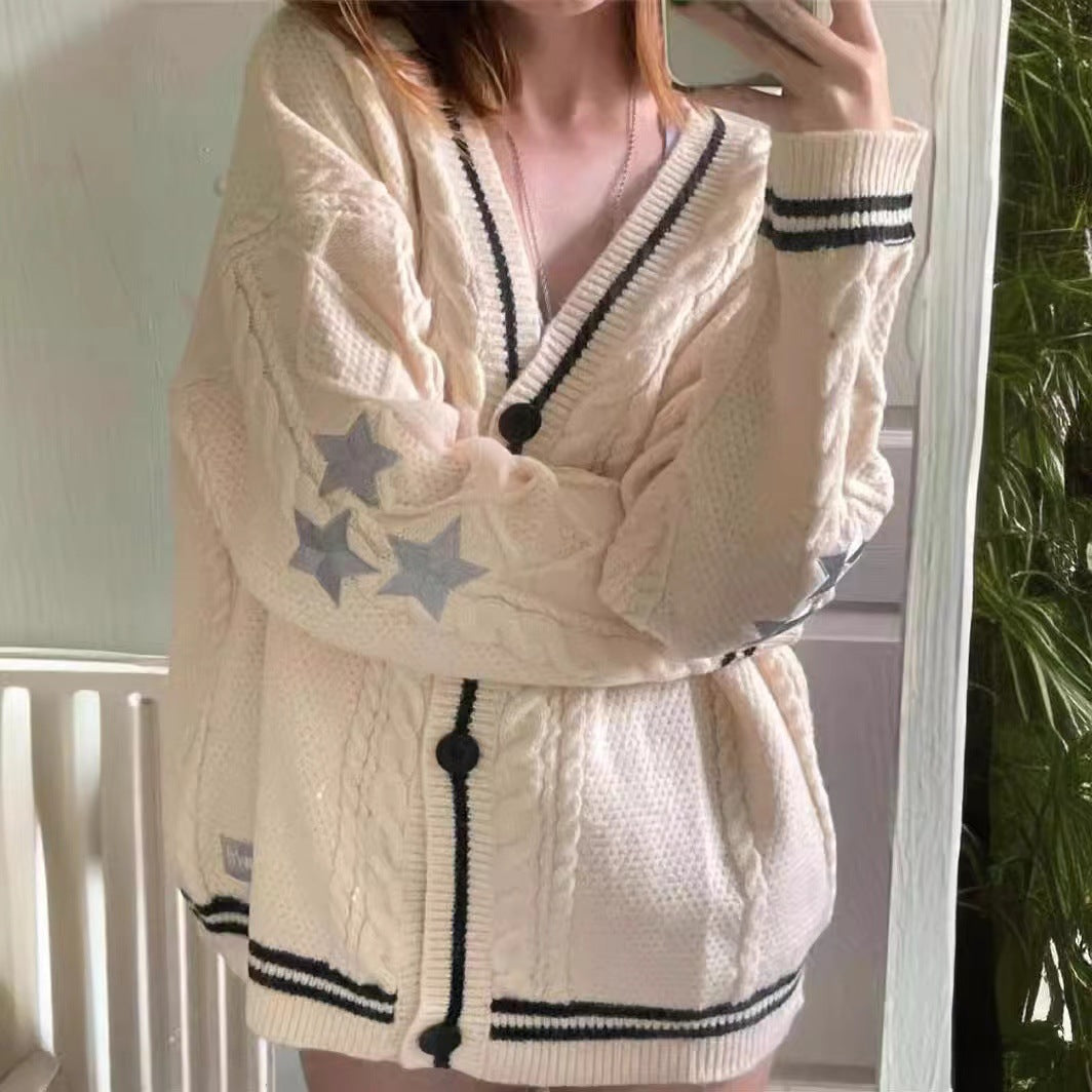 Women's chunky knit cardigan with elegant star appliqués and contrasting details NOVAE