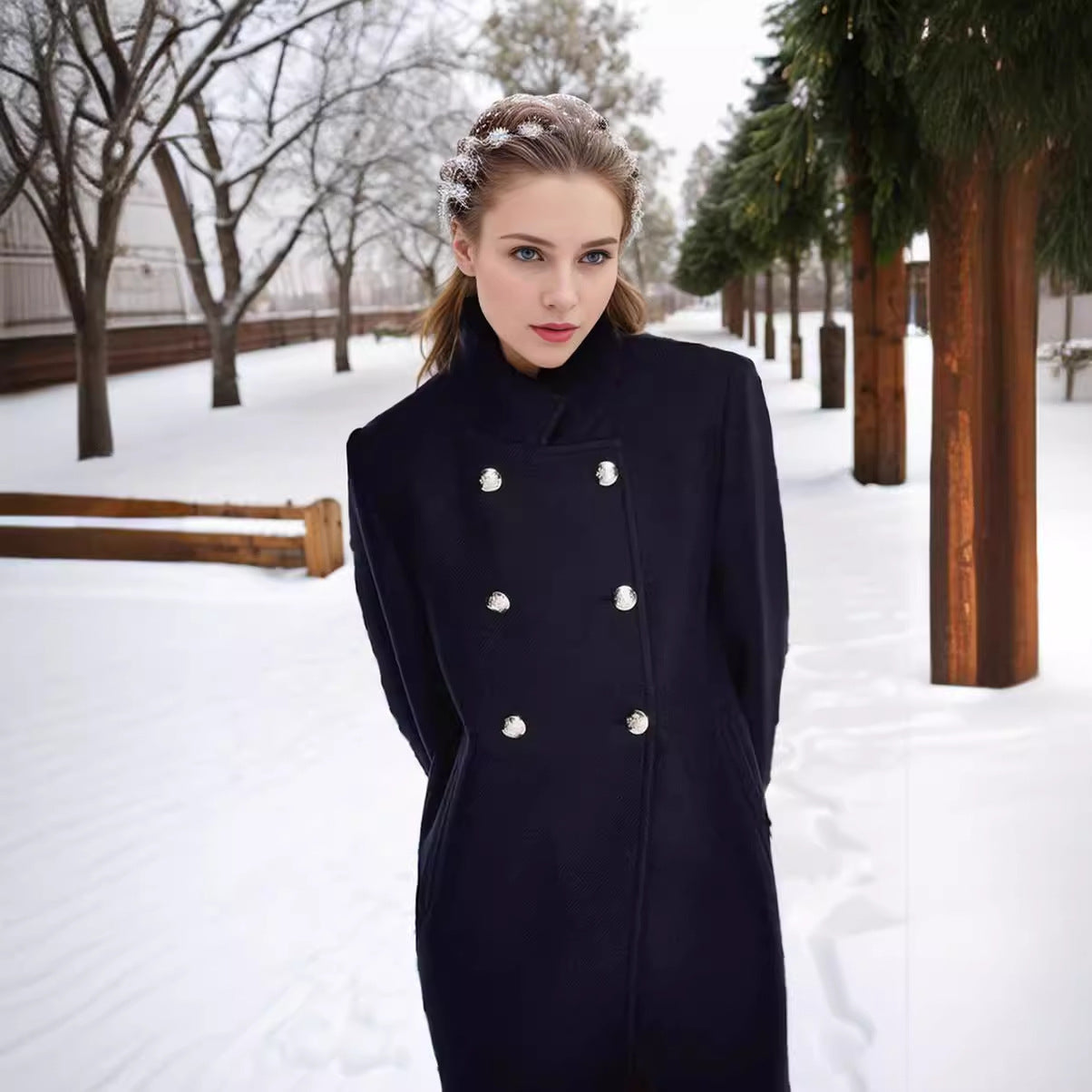 Women's fashionable short coat with double-breasted front and elegant stand-up collar NOVAE