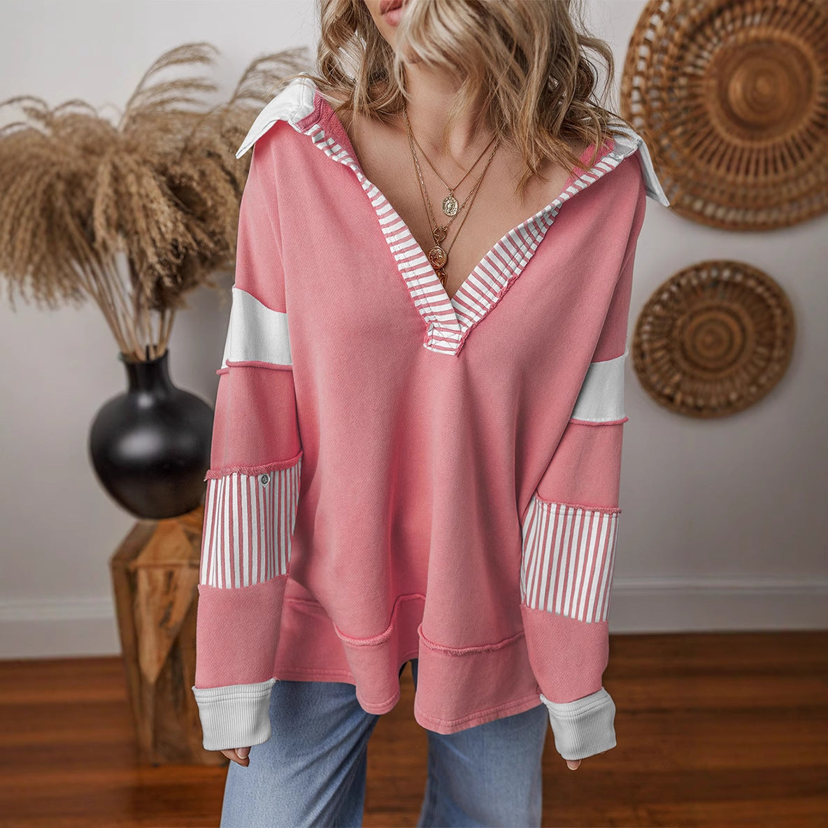 Women's casual sweater with shirt collar and striped sleeves NOVAE