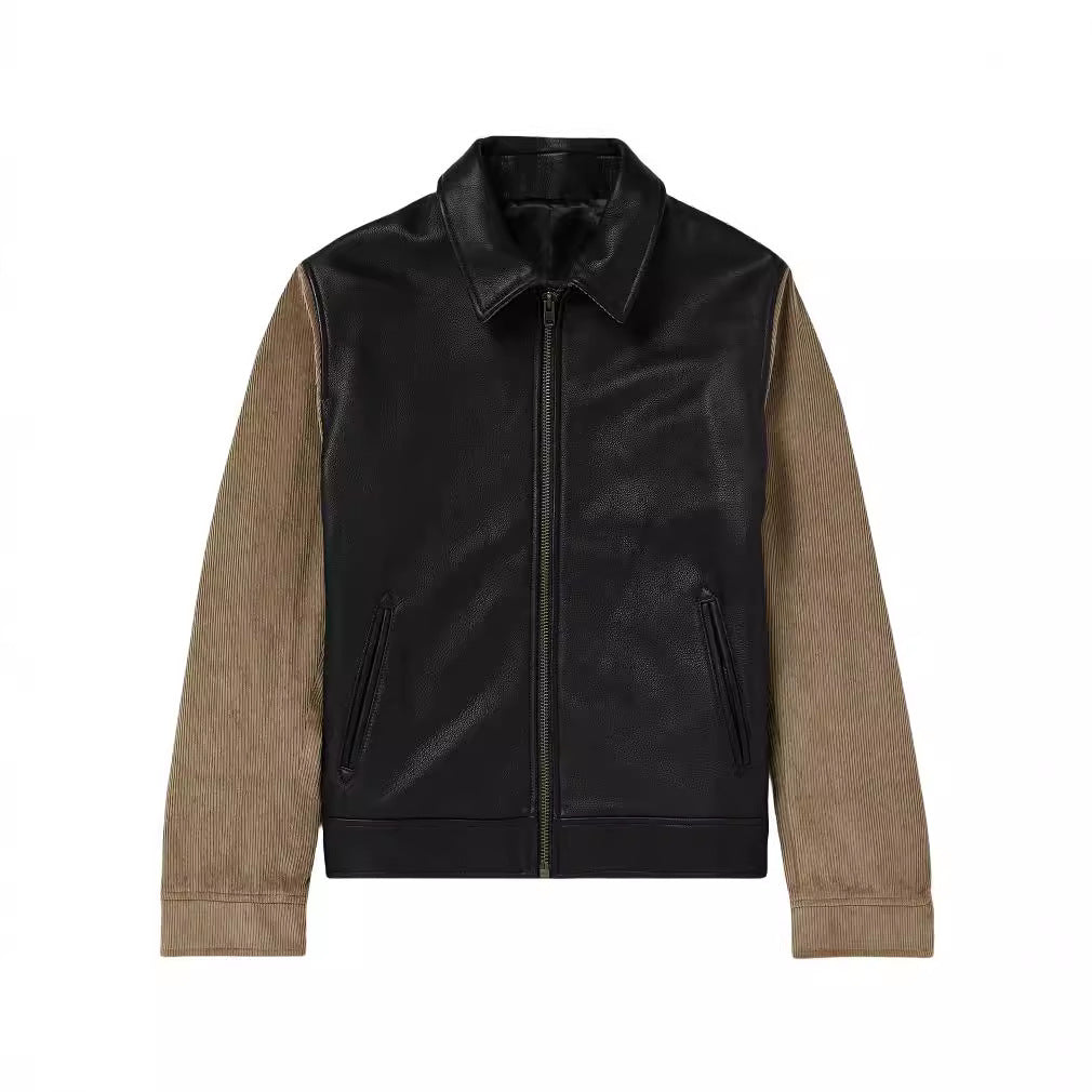 Men's fashionable leather jacket with corduroy details and practical zip pockets NOVAE