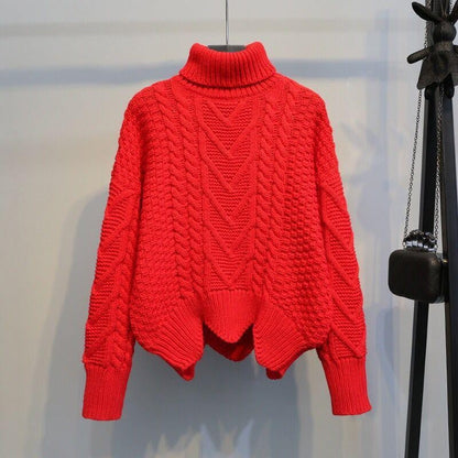 Women's chunky knit sweater with high collar and cable pattern NOVAE